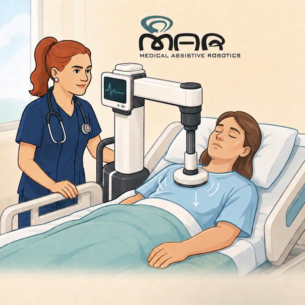 A clinician monitoring the MAR CPR robot as it delivers bedside compressions to a female patient