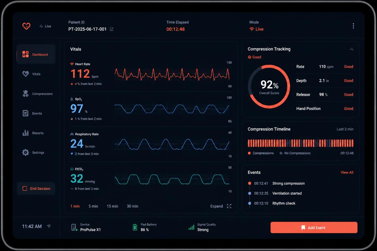 MAR-OS telemetry dashboard showing live vitals, compression tracking, and incident events